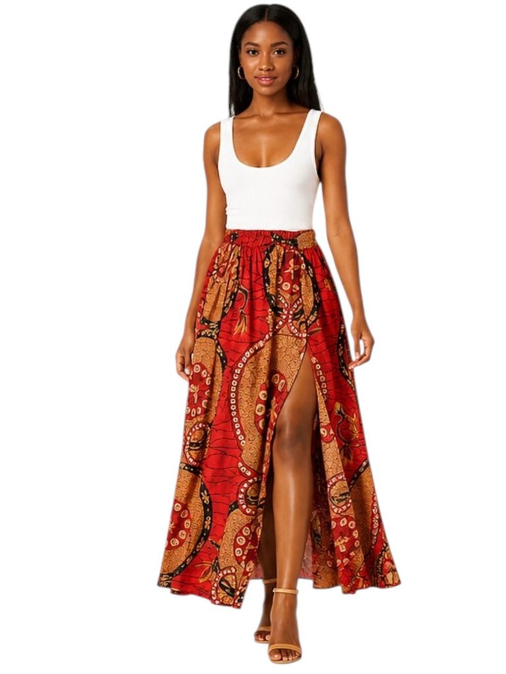 African Ankara Print Boho Maxi Skirt with Front Slit • High Waist • Size L